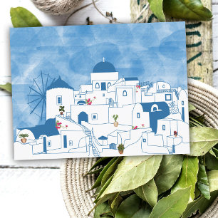 Cartes Pour Fêtes Annuelles Aquarelle bleue et blanche Santorin Grèce