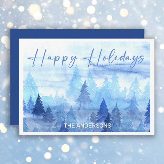 Cartes Pour Fêtes Annuelles Aquarelle Bleue Pins Hiver Joyeuses Vacances (Blue and white "Happy Holidays" greeting card personalized with your own text.)