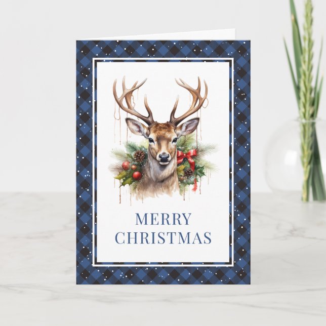 Cartes Pour Fêtes Annuelles Aquarelle bleue Plaid Cerf Joyeux Noël (Devant)