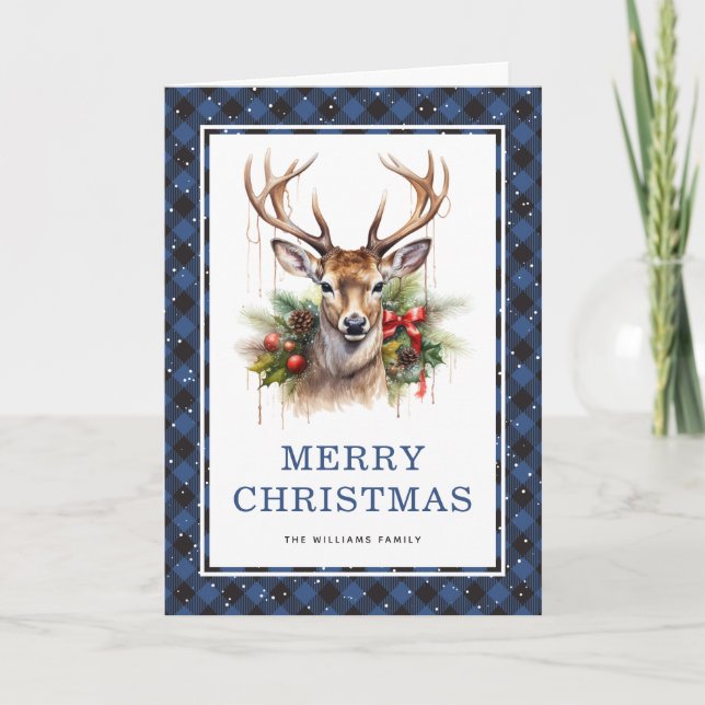 Cartes Pour Fêtes Annuelles Aquarelle bleue Plaid Cerf Joyeux Noël Photo (Devant)