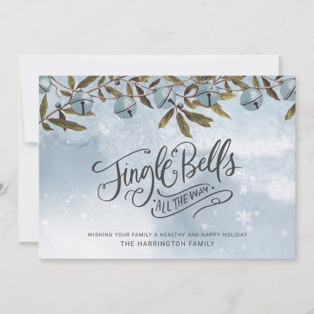 Cartes Pour Fêtes Annuelles Aquarelle Blue Jingle Bells Snowflakes (Devant)