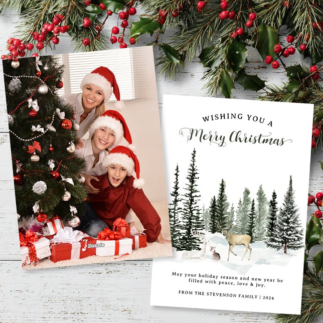 Cartes Pour Fêtes Annuelles Aquarelle Bois Joyeux Noël Photo (Watercolor Woodland Merry Christmas Photo Holiday Card)
