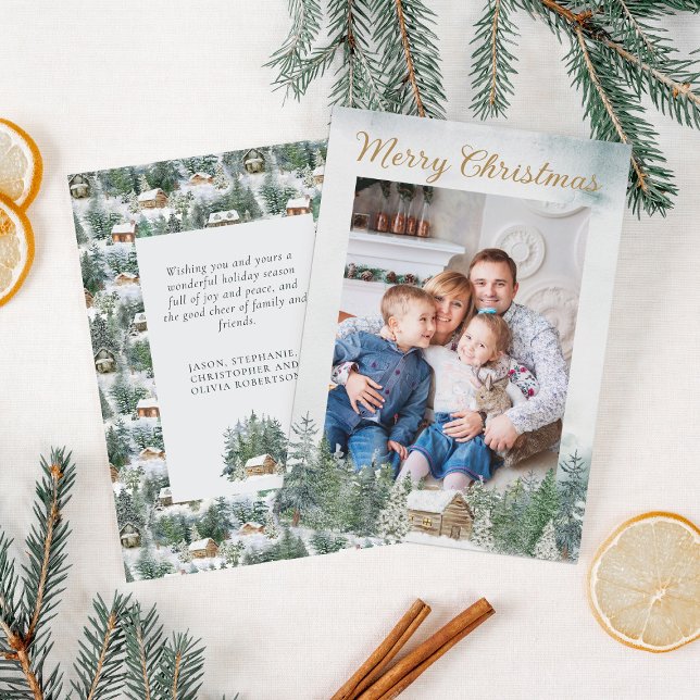 Cartes Pour Fêtes Annuelles Aquarelle Bois rustique Cabine de Noël Photo (Créateur téléchargé)