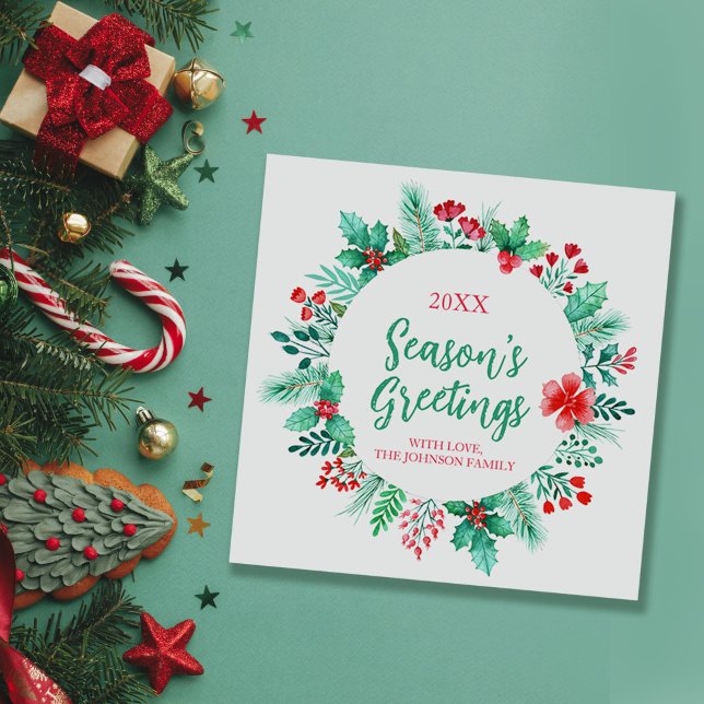 Cartes Pour Fêtes Annuelles Aquarelle Botanique avec Holly + Pine Noël (Watercolor Botanicals with Holly + Pine Christmas Holiday Card)