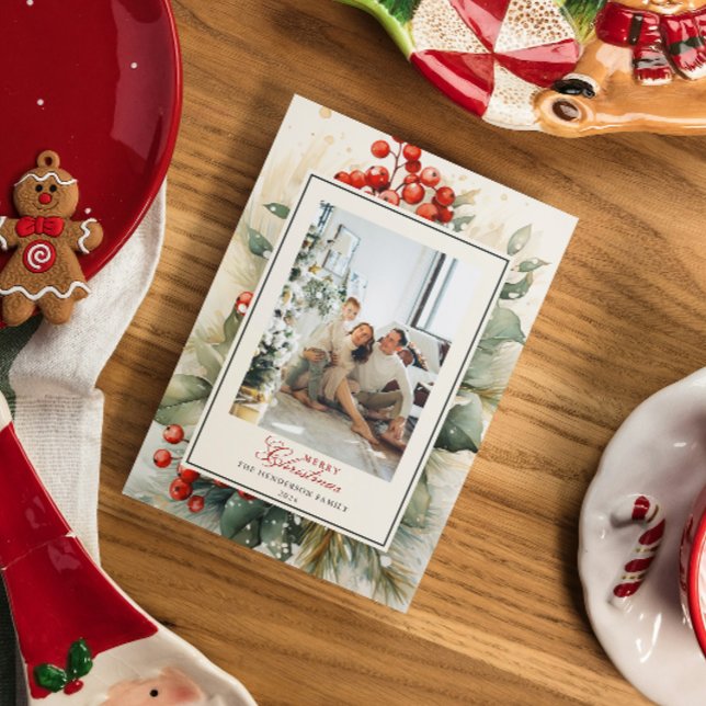 Cartes Pour Fêtes Annuelles Aquarelle botanique d'hiver Photo de Noël (Créateur téléchargé)