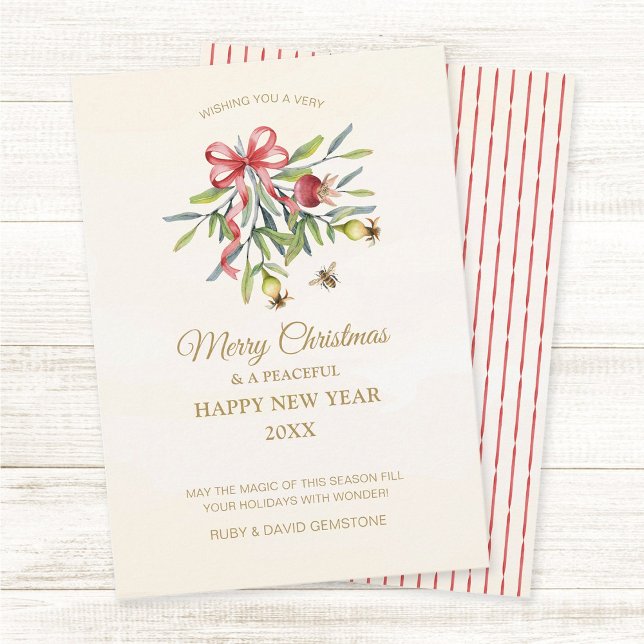 Cartes Pour Fêtes Annuelles Aquarelle botanique élégante de verdure au nœud ro (Elegant watercolor greenery holiday Christmas greeting card with pomegranate leaves, fruits, red bow)