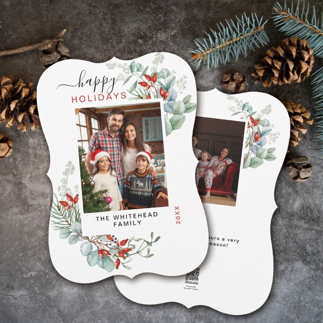 Cartes Pour Fêtes Annuelles Aquarelle Botanique Holly Photo (You will love these beautiful Christmas cards! They feature botanical watercolor pine and berries.)