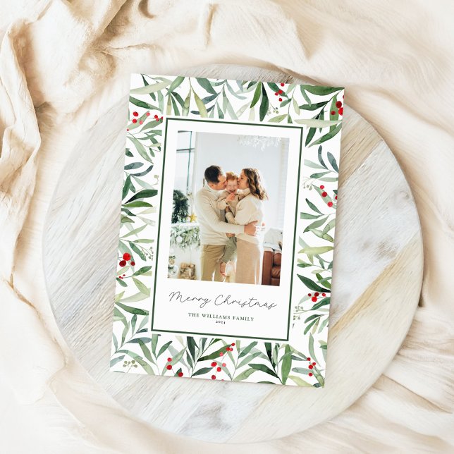 Cartes Pour Fêtes Annuelles Aquarelle Botanique Joyeux Noël Photo (Créateur téléchargé)