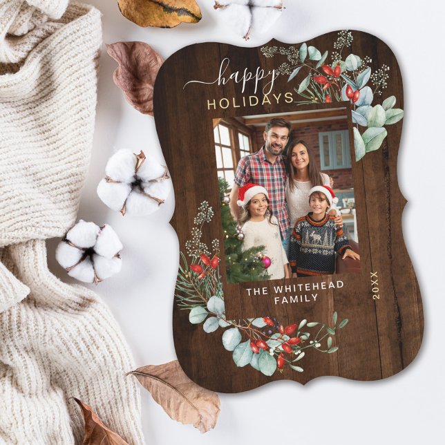 Cartes Pour Fêtes Annuelles Aquarelle Botanique Joyeux Vacances Photo Bois (You will love these beautiful Christmas cards! They feature botanical watercolor pine and berries.)