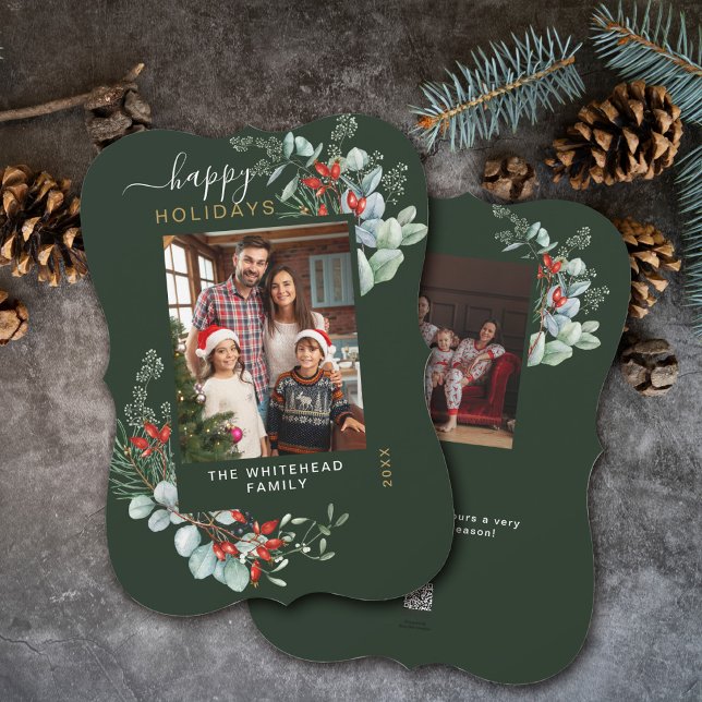 Cartes Pour Fêtes Annuelles Aquarelle Botanique Photo Forêt verte (You will love these beautiful Christmas cards! They feature botanical watercolor pine and berries.)