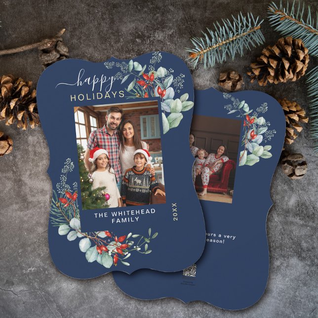 Cartes Pour Fêtes Annuelles Aquarelle Botanique Photo Marine Bleu (You will love these beautiful Christmas cards! They feature botanical watercolor pine and berries.)
