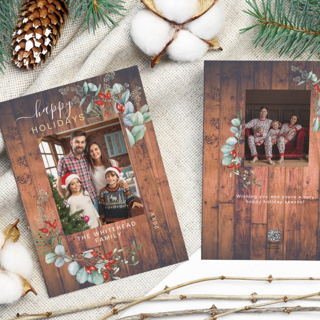 Cartes Pour Fêtes Annuelles Aquarelle Botanique Verdure Bois rustique Photo (You will love these beautiful Christmas cards! They feature botanical watercolor pine and berries.)