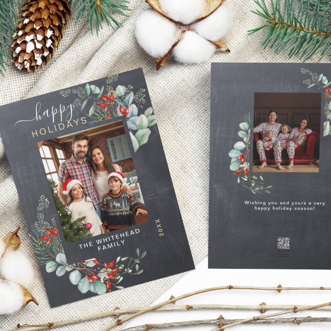 Cartes Pour Fêtes Annuelles Aquarelle Botanique Verdure Rustique Chalkboard (You will love these beautiful Christmas cards! They feature botanical watercolor pine and berries.)