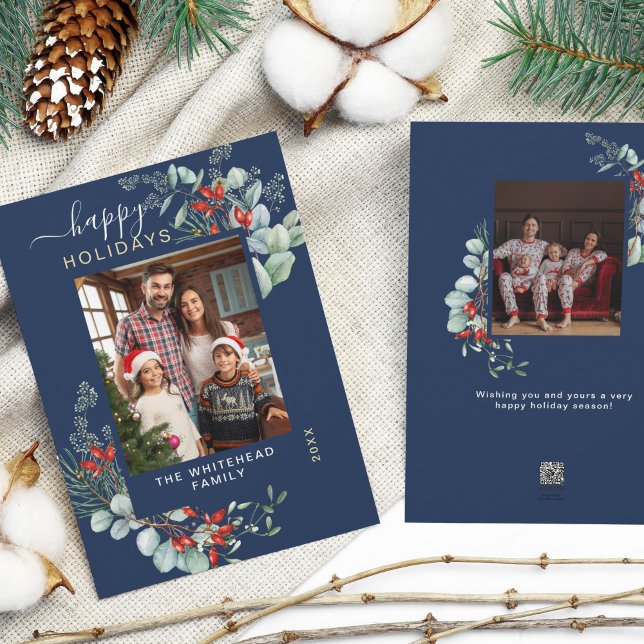Cartes Pour Fêtes Annuelles Aquarelle Botanique Vert Photo Marine Bleu (You will love these beautiful Christmas cards! They feature botanical watercolor pine and berries.)