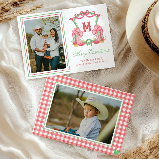 Cartes Pour Fêtes Annuelles Aquarelle Botte de Noël Monogramme Crest Photo (Créateur téléchargé)