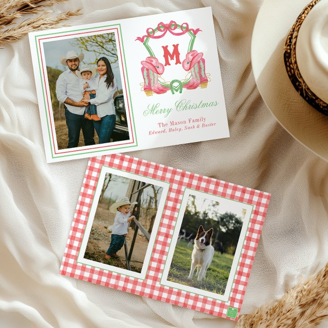 Cartes Pour Fêtes Annuelles Aquarelle Botte de Noël Monogramme Crest Photo (Créateur téléchargé)