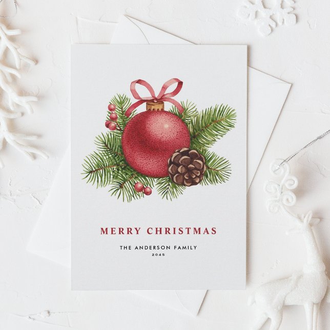 Cartes Pour Fêtes Annuelles Aquarelle Boule rouge Ornement Joyeux Noël (Créateur téléchargé)