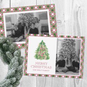 Cartes Pour Fêtes Annuelles Aquarelle Bourgogne Plaid Christmas Tree Photo
