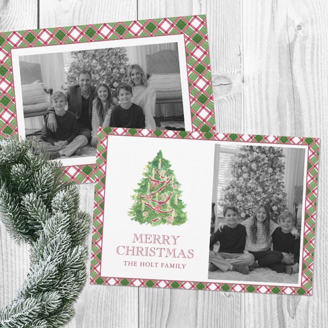 Cartes Pour Fêtes Annuelles Aquarelle Bourgogne Plaid Christmas Tree Photo (Créateur téléchargé)