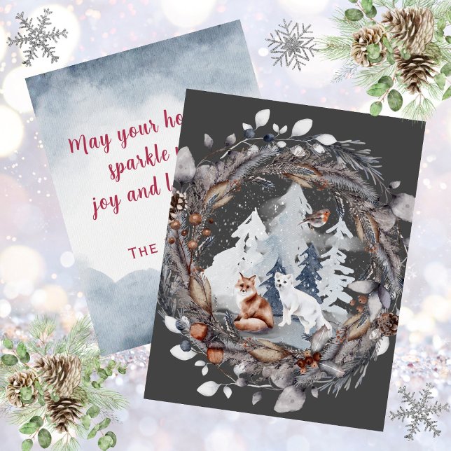 Cartes Pour Fêtes Annuelles Aquarelle Brown et strate de renard arctique (Watercolor Brown and Arctic Fox Snow Wreath Scene Holiday Card)