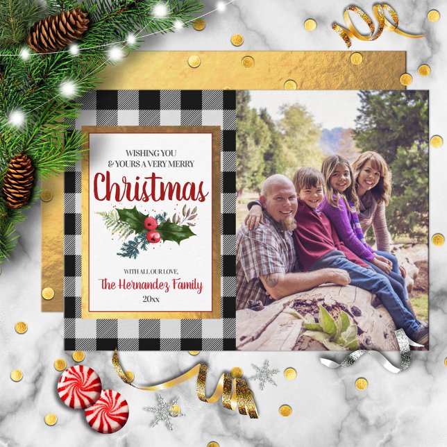 Cartes Pour Fêtes Annuelles Aquarelle Buffalo Check Holly Photo Noël (Créateur téléchargé)