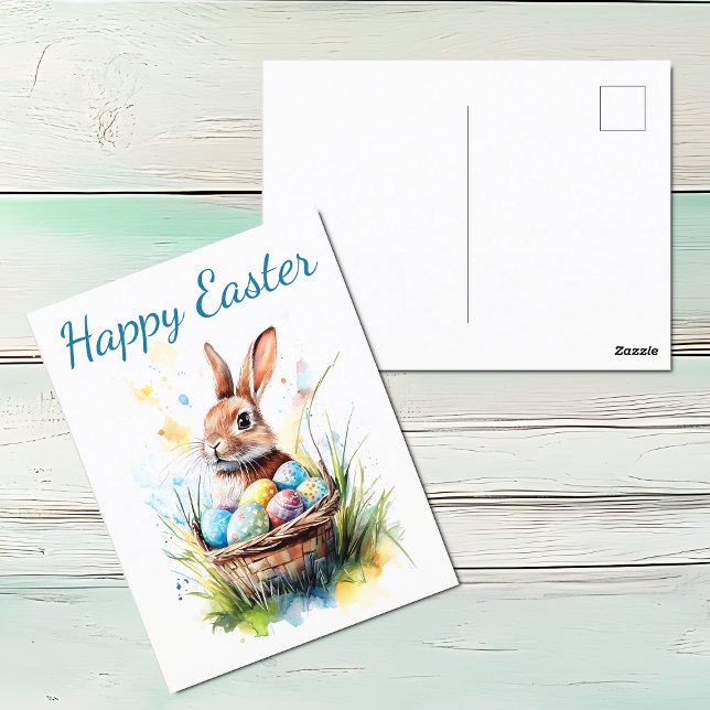 Cartes Pour Fêtes Annuelles Aquarelle Bunny & Pâques Panier (Watercolor Happy Easter Postcard featuring bunny, Easter basket full of Easter eggs. )