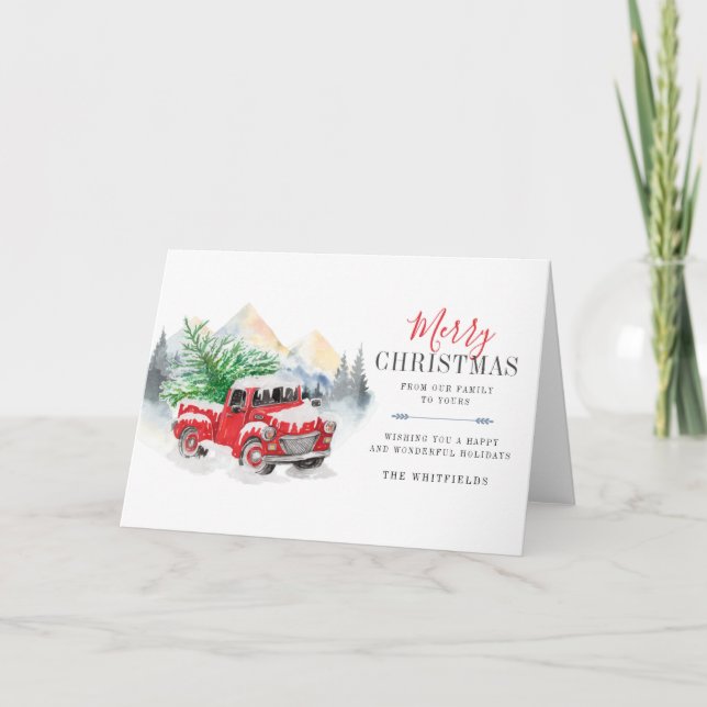 Cartes Pour Fêtes Annuelles Aquarelle Camion rouge Joyeux Noël Lumberjack (Devant)