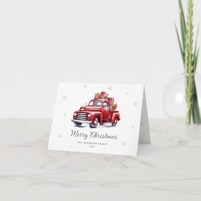 Cartes Pour Fêtes Annuelles Aquarelle Camion rouge photo Joyeux Noël (Devant)
