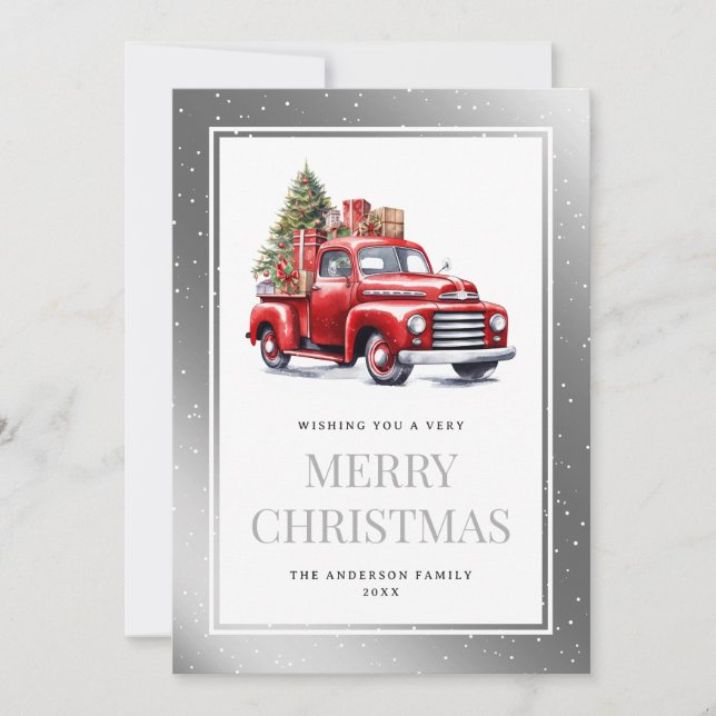 Cartes Pour Fêtes Annuelles Aquarelle Camion rouge Silver Snowy Noël (Devant)