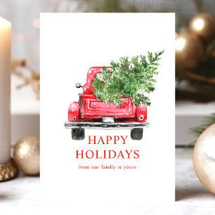 Cartes Pour Fêtes Annuelles Aquarelle camion rouge vintage arbre de Noël heure