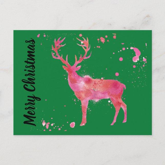 Cartes Pour Fêtes Annuelles Aquarelle Cerf, rose orange vert Joyeux Noël (Devant)