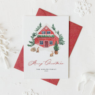 Cartes Pour Fêtes Annuelles Aquarelle Chalet rouge en Forêt neigeuse Noël