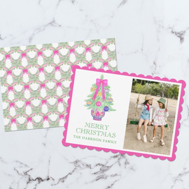 Cartes Pour Fêtes Annuelles Aquarelle Chaud Rose Bow Ginger Jar Photo de Noël (Créateur téléchargé)