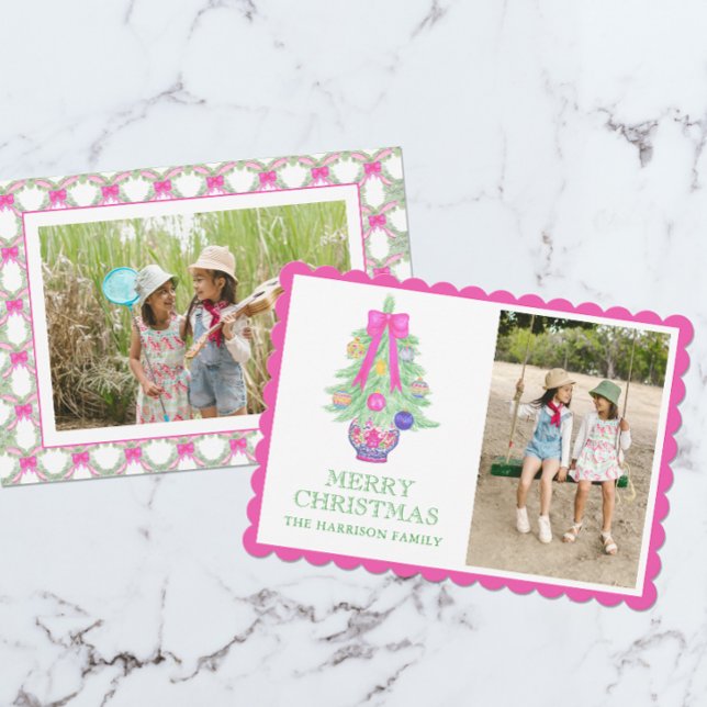 Cartes Pour Fêtes Annuelles Aquarelle Chaud Rose Bow Ginger Jar Photo de Noël (Créateur téléchargé)