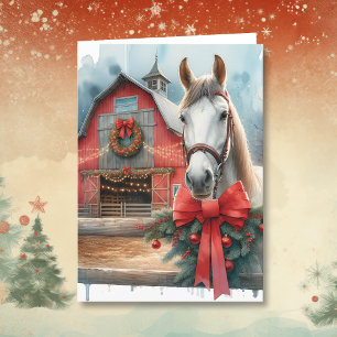 Cartes Pour Fêtes Annuelles Aquarelle Cheval blanc et ferme festive Noël