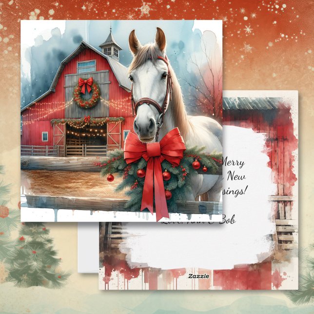 Cartes Pour Fêtes Annuelles Aquarelle Cheval blanc et ferme festive Noël (Créateur téléchargé)