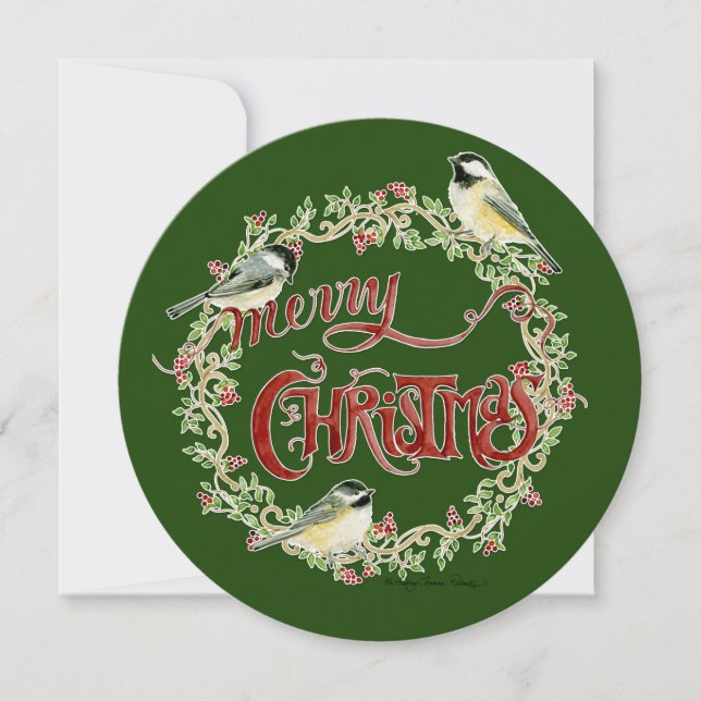 Cartes Pour Fêtes Annuelles Aquarelle Chickadee Birds Joyeux Noël Wreath (Devant)