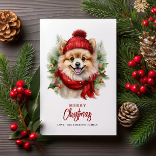 Cartes Pour Fêtes Annuelles Aquarelle Chien de Poméranie de Noël