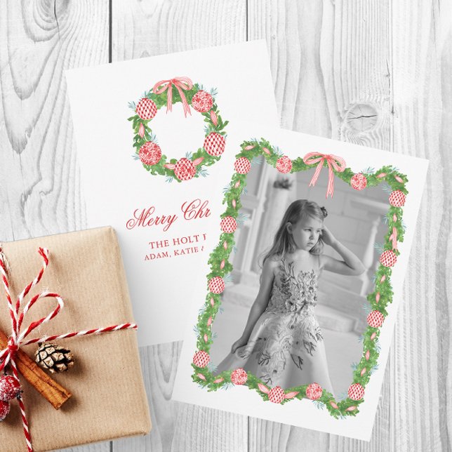 Cartes Pour Fêtes Annuelles Aquarelle Chinoiserie Ornements Garland Noël (Chinoiserie Christmas Red Ornament Garland and Wreath Photo Card)