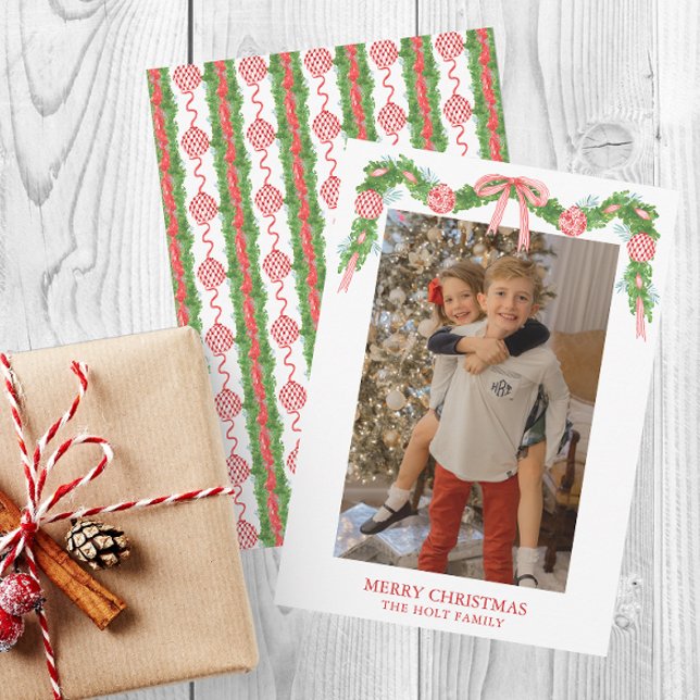 Cartes Pour Fêtes Annuelles Aquarelle Chinoiserie Ornements Garland Noël (Chinoiserie Christmas Red Ornaments Garland Photo Cards)