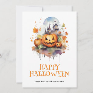 Cartes Pour Fêtes Annuelles Aquarelle Citrouilles Éffrayants Maison Hantée Hal