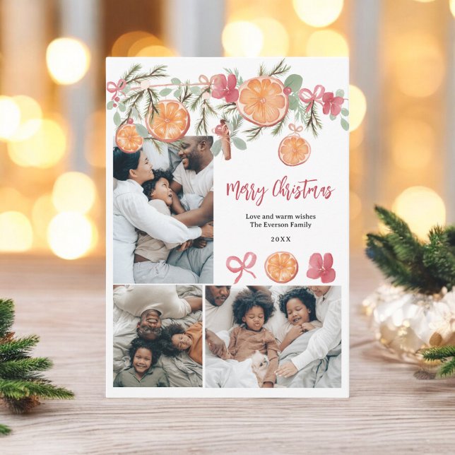 Cartes Pour Fêtes Annuelles Aquarelle Citrus et Floral 5 Photo Noël (Watercolor Citrus and Floral 5 Photo Christmas Holiday Card)