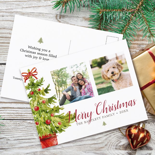 Cartes Pour Fêtes Annuelles Aquarelle classique Arbre de Noël 2 Photos (Classic Watercolor Christmas Tree 2 Photos Holiday Postcard)