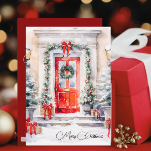 Cartes Pour Fêtes Annuelles Aquarelle classique Porte rouge Vert couronne Noël