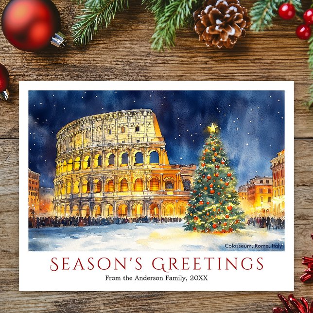 Cartes Pour Fêtes Annuelles Aquarelle Colisée Rome Italie Voyage Noël (Watercolor Colosseum Rome Italy Travel Christmas Holiday Postcard)