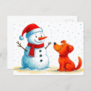 Cartes Pour Fêtes Annuelles Aquarelle Comique Chien avec Snowman en hiver