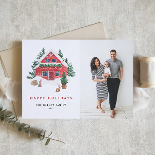 Cartes Pour Fêtes Annuelles Aquarelle confortable Rouge Cottage Bois Photo