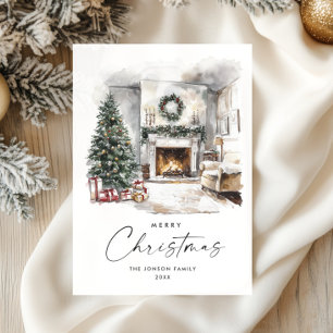 Cartes Pour Fêtes Annuelles Aquarelle Cosy Accueil Arbre de Noël