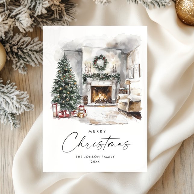 Cartes Pour Fêtes Annuelles Aquarelle Cosy Accueil Arbre de Noël (Créateur téléchargé)