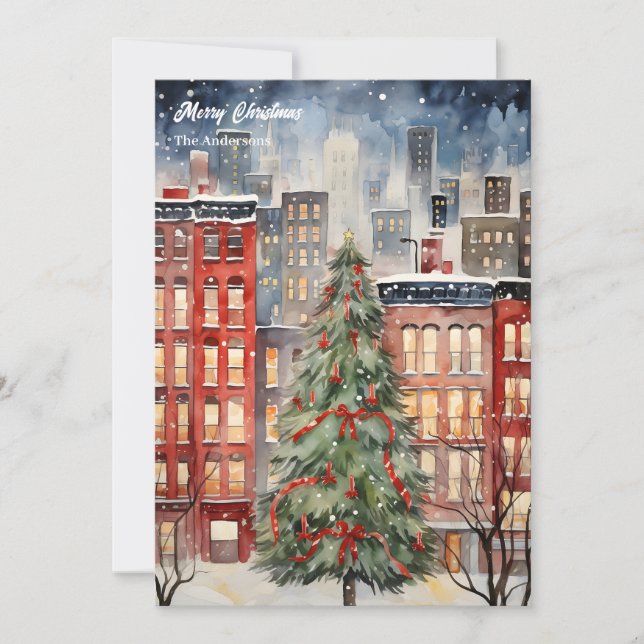 Cartes Pour Fêtes Annuelles Aquarelle cosy festif Noël arbre de ville (Devant)